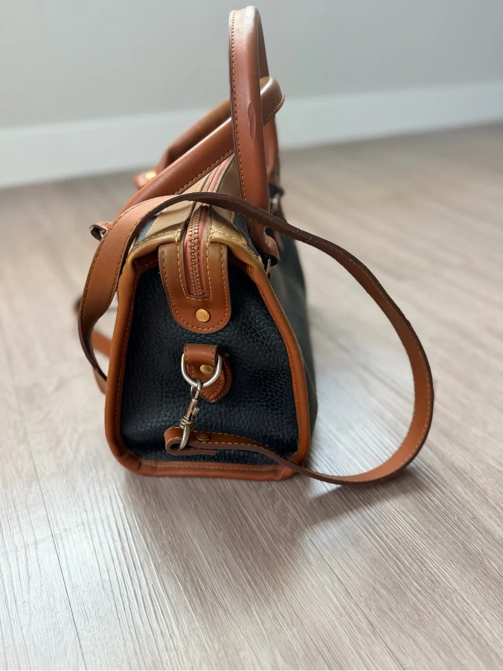 Dooney & Bourke Black with Brown Trim Leather Satchel Purse